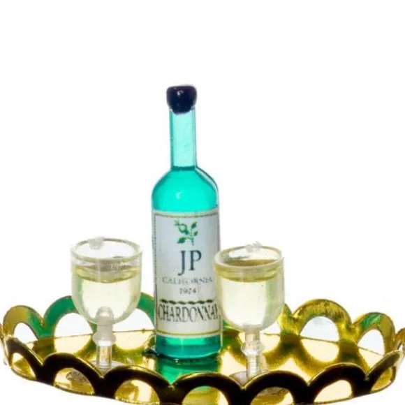 Dollhouse Miniature White Wine & Glasses on a Tray