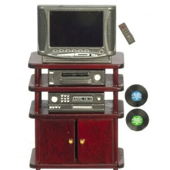 Mahogany Dollhouse Miniature Entertainment Center with Accessories