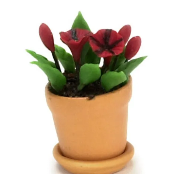 Red & Black Dollhouse Miniature Petunias in a Pot
