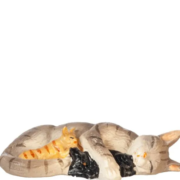 Sleeping Gray Dollhouse Miniature Gray Cat with Kittens