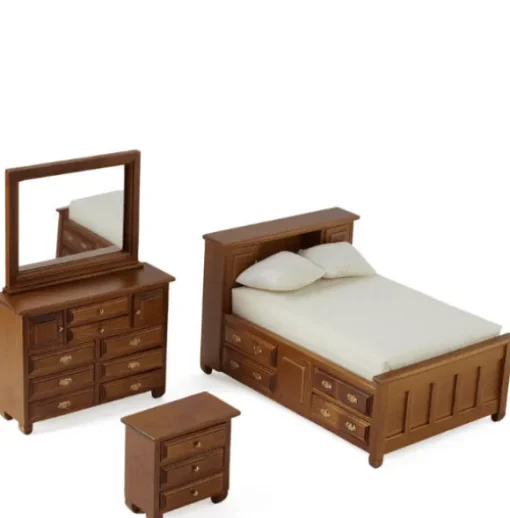 Walnut Dollhouse Miniature Double Bedroom Set