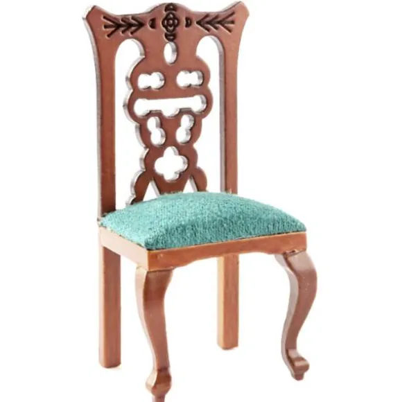 Walnut Dollhouse Miniature Side Chair with Green Upholstery