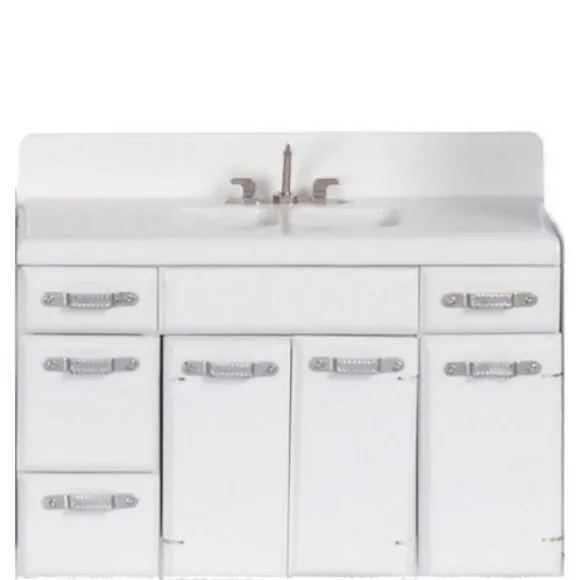 White Dollhouse Miniature Double Kitchen Sink with Cabinets